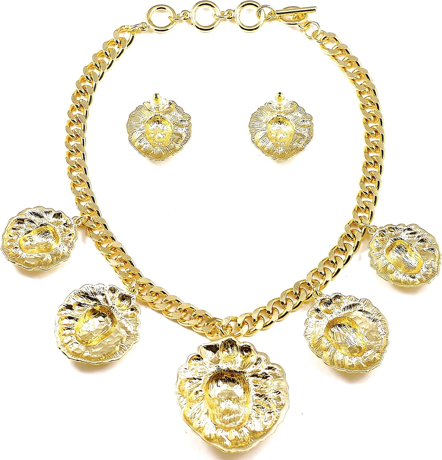 GWOOD Lion Necklace Five Pendant Heads Necklace and Earrings Set 19 1/2 Inch Necklace Gold Color