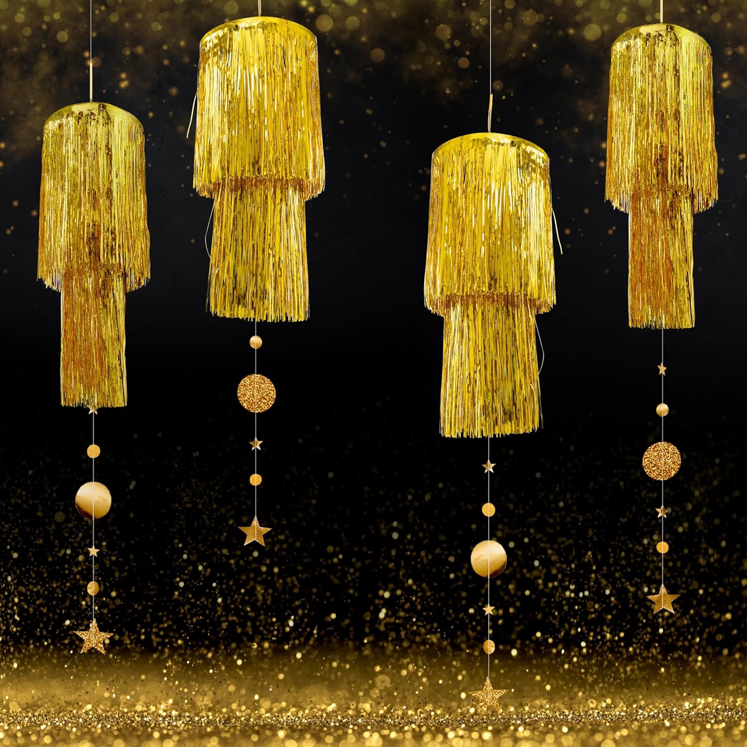 Cheerland Gold Hanging Chandelier, 2 Tier Tinsel Fringed