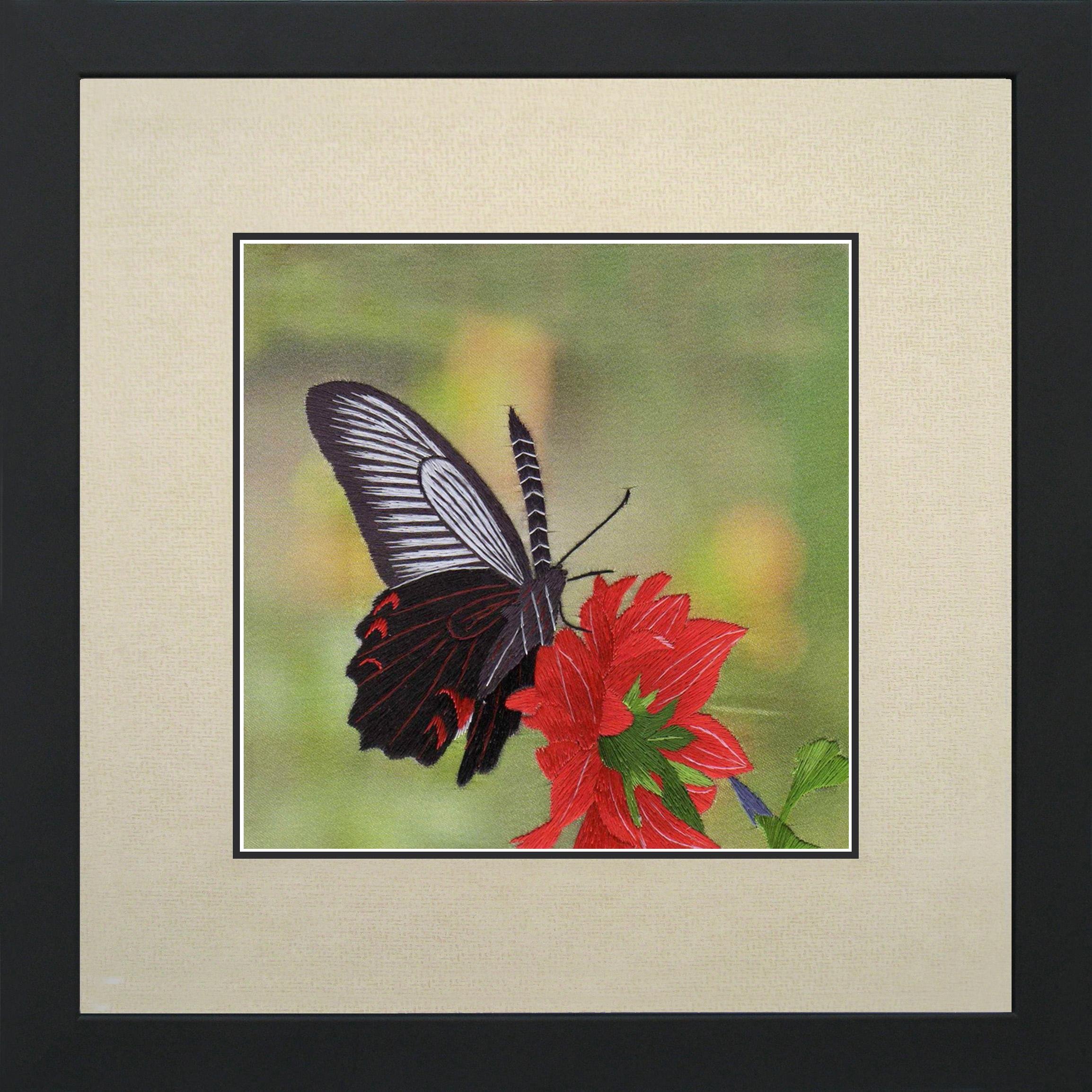 King Silk Art Handmade Embroidery Butterfly on a Red Flower 33020
