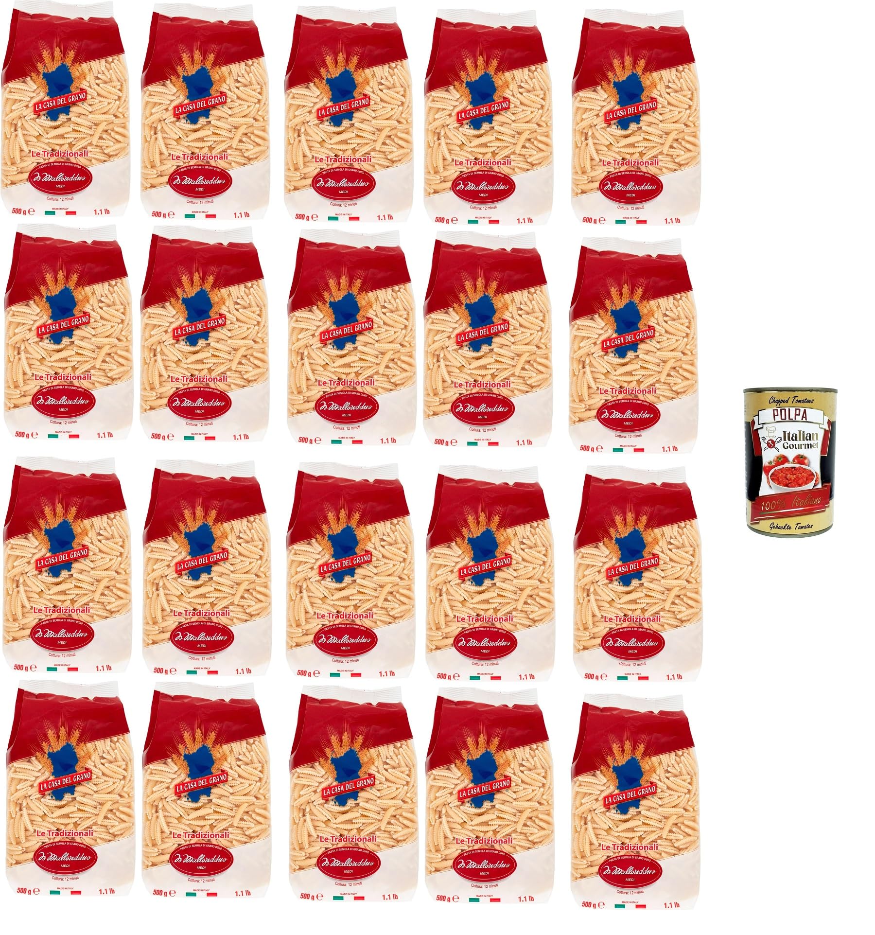 La Casa Del Grano Malloreddus medi Pasta di semola di grano duro medi Pasta de sémola de trigo duro, 20 x 500 g + polpa italiana gourmet 400 g