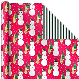 Hallmark Reversible Christmas Wrapping Paper (3 Rolls: 120 sq. ft. ttl) Retro Ornaments, Stripes, Polka Dots, Snowmen, Solid Red and Green
