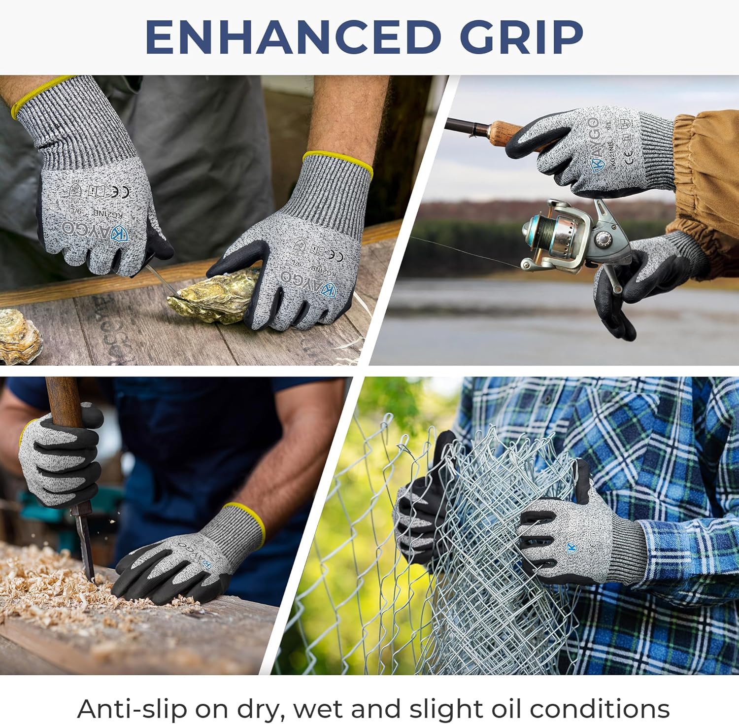 KAYGO 12 Pairs Cut Resistant Work Gloves for Men and Women,ANSI A3 Cutting Gloves,Nitrile Micro-Foam Safety Work Gloves KG21NB,Ideal for Wood Carving,Glass Handling, Construction,Fishing,Grey,L