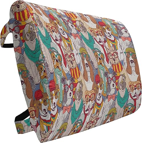 Ambesonne Almohada lumbar de apoyo para la espalda de perro, hipster, Bulldog Schnauzer, razas de pug, gafas, sombreros, bufanda, patrón de dibujos