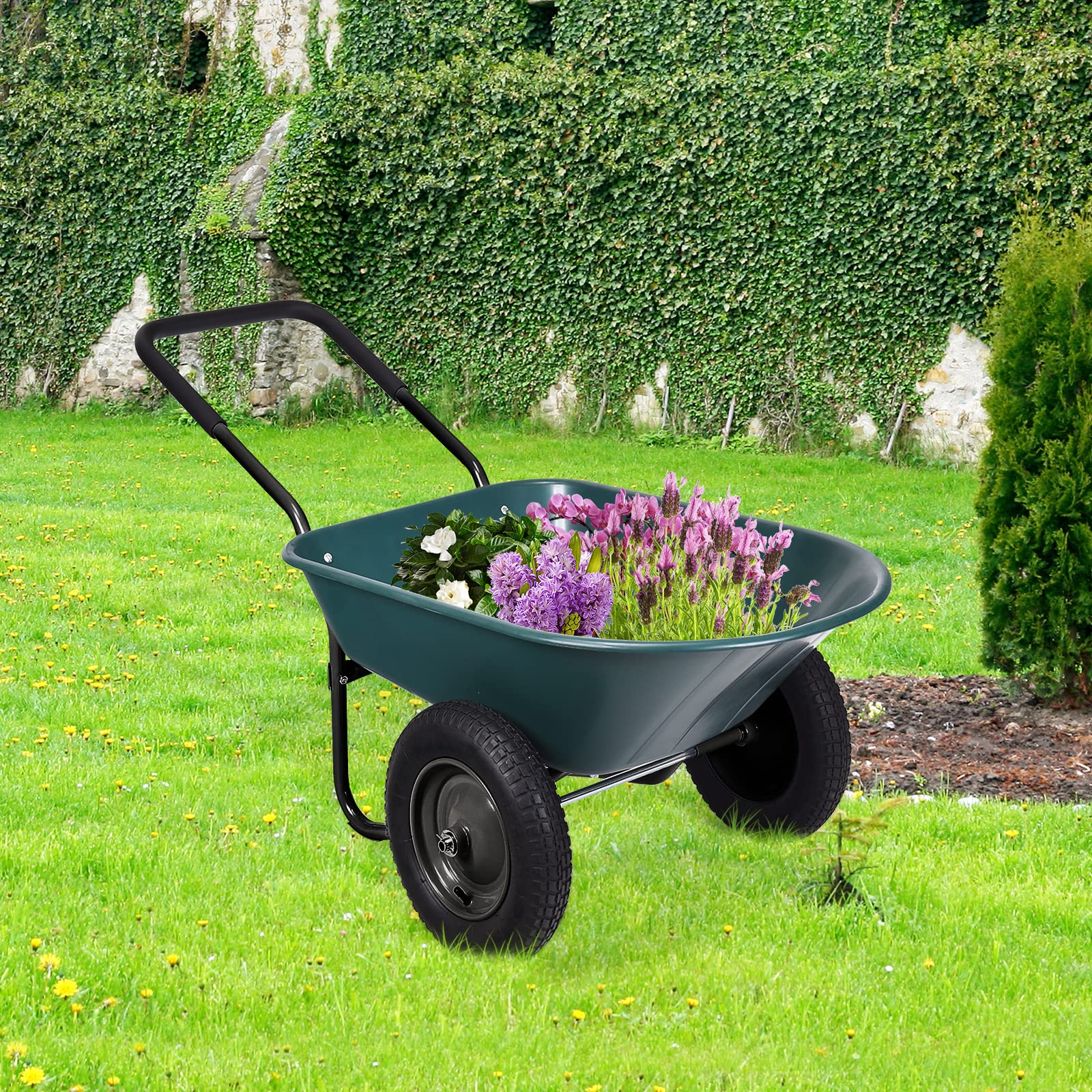 Questo Carrello, carriola da Giardino a 2 Ruote, Carrello da Giardino Resistente da 150 kg con Pneumatici e Maniglia in Acciaio Verniciato a Polvere, Carrello Ribaltabile per Esterni per Gia
