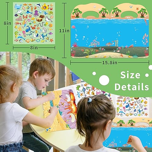 Miniatura 4 de Paquete de 2 libros de calcomanías hinchadas 3D para niños de 2 a 4 años, calcomanías reutilizables para niños pequeños, océano, dinosaurios, libros