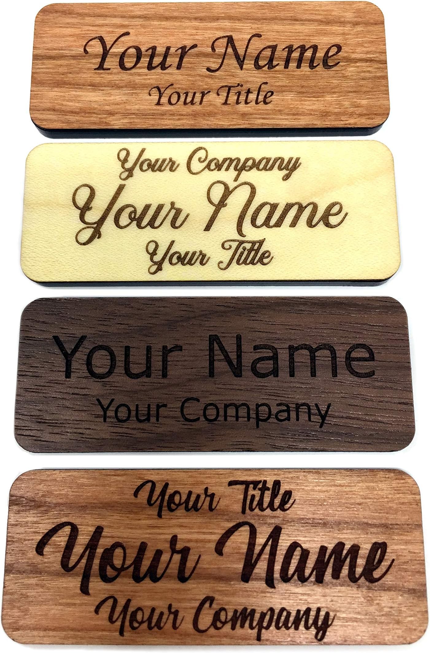 Employee Name Tags (Cherry, 2.5" x 1") | Laser Engraved Custom Personalized Wood Name Tag w/Magnetic, Pin-on, or Adhesive Backing | Casual and Formal Styles for Any Business