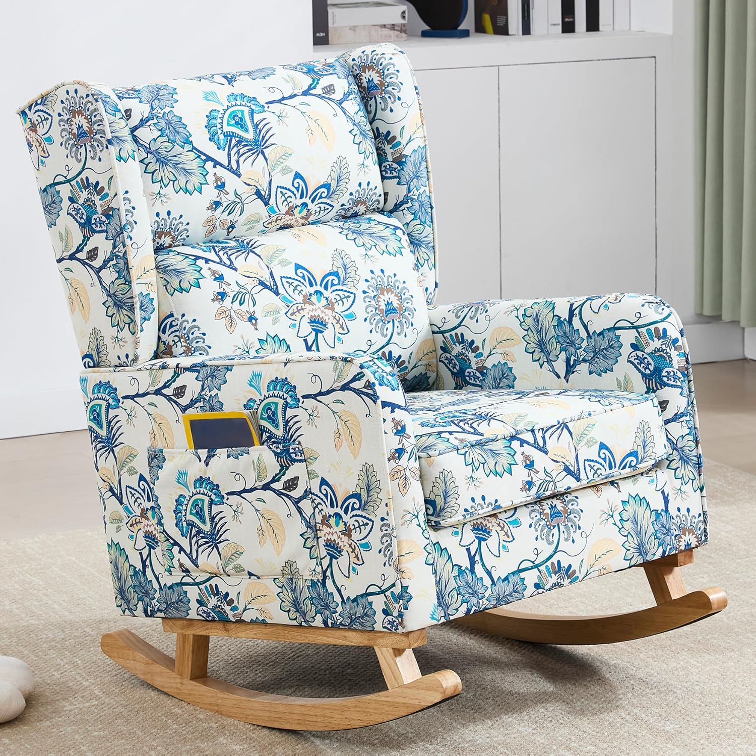 Nursery Rocking Chairs, Rocking Chair Nursery for Mom Nursery Rocker with High Backrest and Solid Wood Legs, Modern Wingback Accent Chair for Reading Living Room Bedroom, Blue Floral