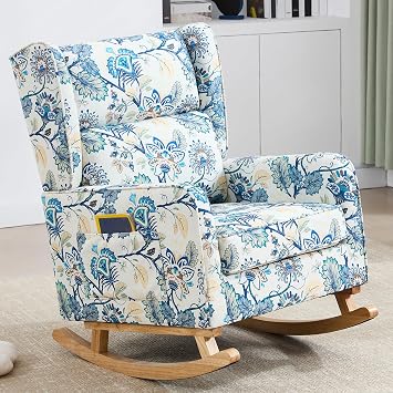 HCHAIRH Nursery Rocking Chairs, Rocking Chair Nursery for Mom Nursery Rocker with High Backrest and Solid Wood Legs, Modern Wingback Accent Chair for Reading Living Room Bedroom, Blue Floral