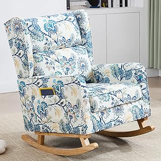 Nursery Rocking Chairs, Rocking Chair Nursery for Mom Nursery Rocker with High Backrest and Solid Wood Legs, Modern Wingback Accent Chair for Reading Living Room Bedroom, Blue Floral