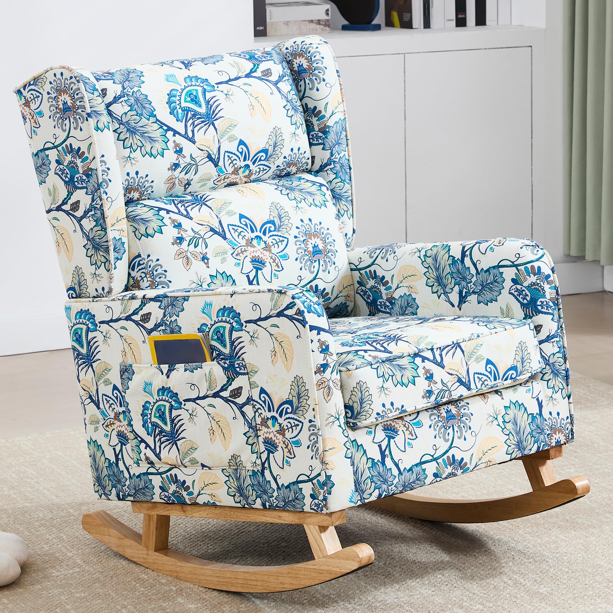 HCHAIRH Nursery Rocking Chairs, Rocking Chair Nursery for Mom Nursery Rocker with High Backrest and Solid Wood Legs, Modern Wingback Accent Chair for Reading Living Room Bedroom, Blue Floral