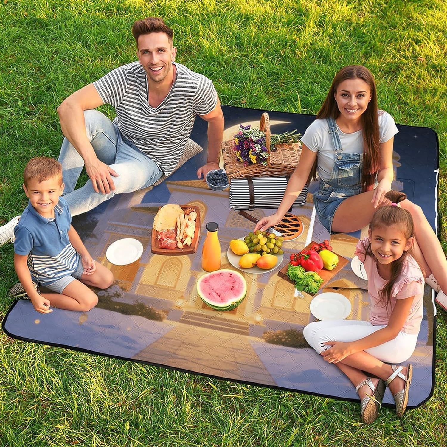 Ramadan House Moon Picnic Blanket with Zipper Water Resistant Sand Free Picnic Mat Washable Foldable Easy Carry Beach Blanket for Lawn Beach Hiking Camping