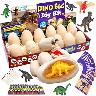 DANCING BEAR Dinosaur Egg Dig Kit Party Pack for 12 Kids, Excavate 12 Surprise Dinosaurs, Instruction Guides & ID Cards, Paleontology STEM Education, Fun Science Activity Gift Sets for Girls and Boys