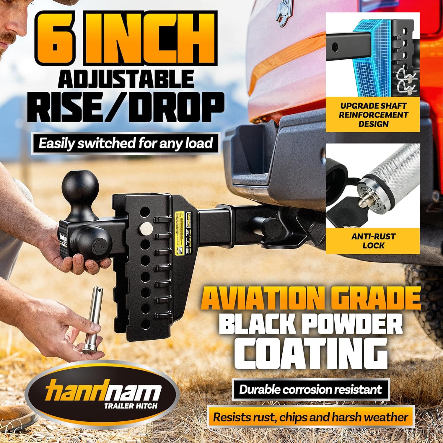 Drop Hitch Adjustable Trailer Hitch, Tow Hitch with 6-Inch Drop/Rise for Truck (18,500 LBS GTW), Adjustable Drop Hitch Fits 2-Inch Receiver, Trailer Hitches with Double Anti-Theft Pins Locks