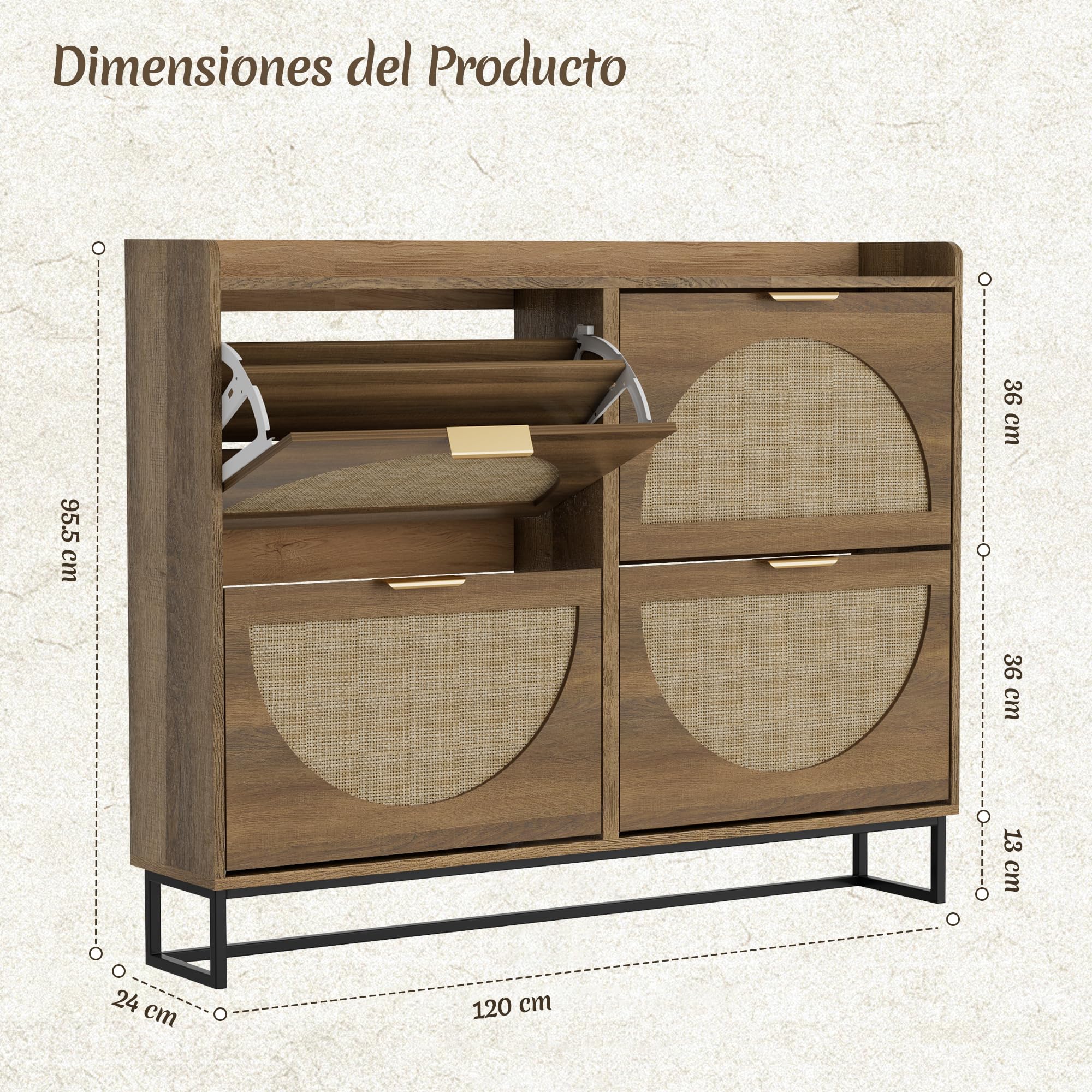 BonVache Zapatero Estrecho con 4 Solapas, Ajustable, de Madera con Almacenamiento para Zapatos, Ideal para Entrada, Salón, Pasillo, 120 x 24 x 95,5 cm, Ratán
