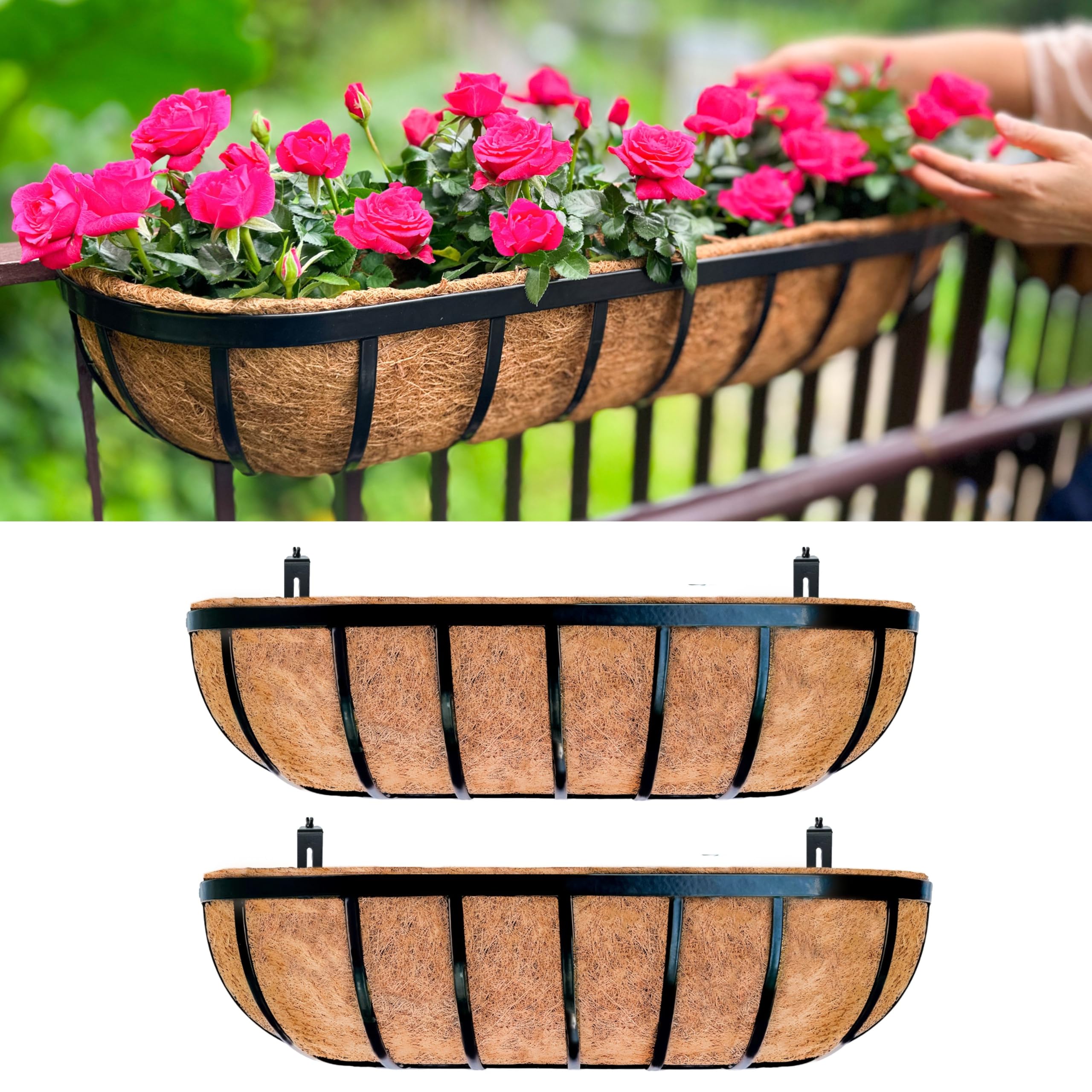 LaLaGreen Railing Planter Box (24 Inch, 2 Pack) Black Metal Rectangular Hanging Planters with Coco Liner, Flower Boxes Brackets for Deck Railings Outdoor Plants Over Rail Fence Balcony Patio Porch