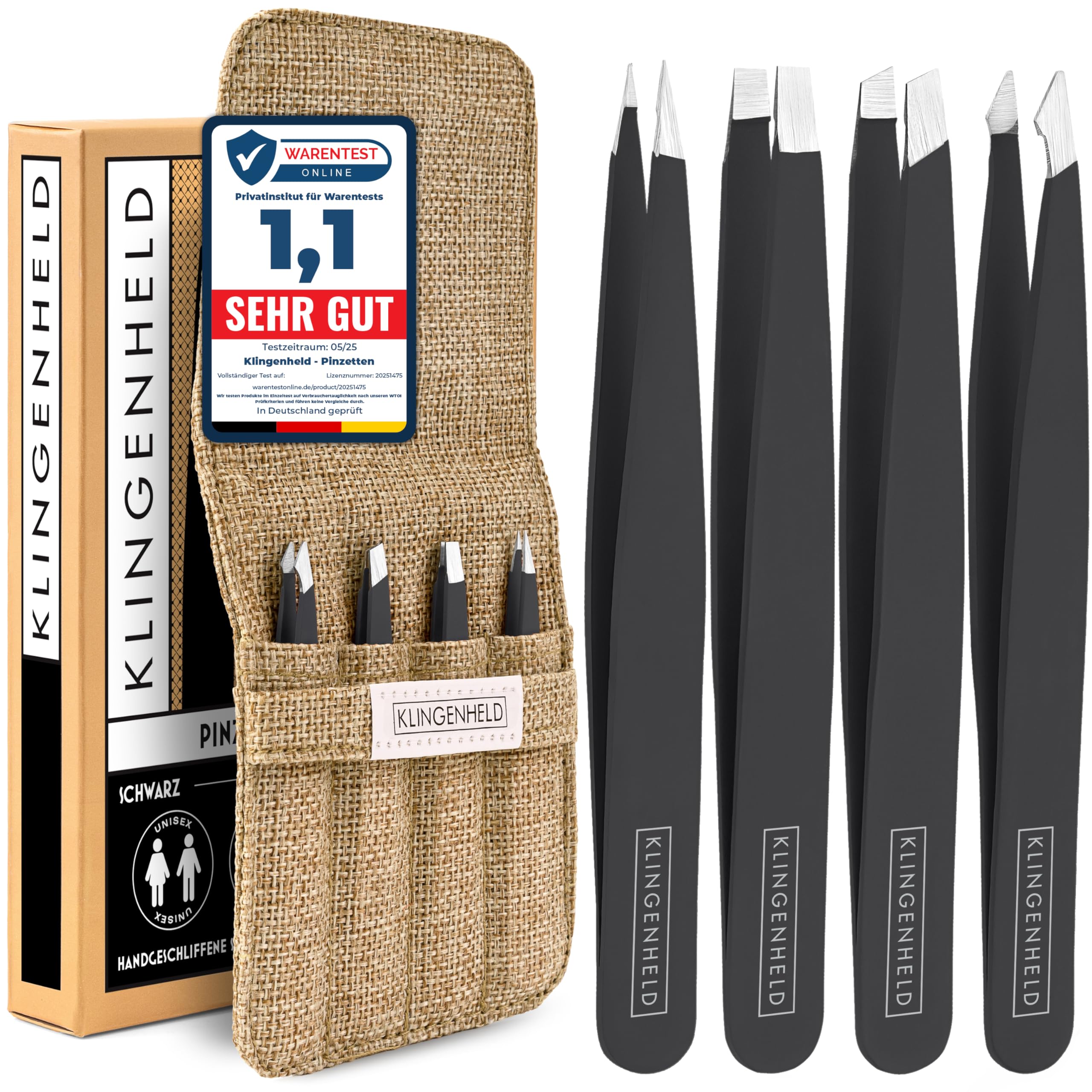 KLINGENHELD® Präzises Pinzetten-Set mit handgeschliffenen Spitzen - Perfekt für alle Anwendungsbereiche - inkl. Baumwoll-Etui 100% plastikfrei & nachhaltig - Pinzette Augenbrauen zupfen, 21 Farben
