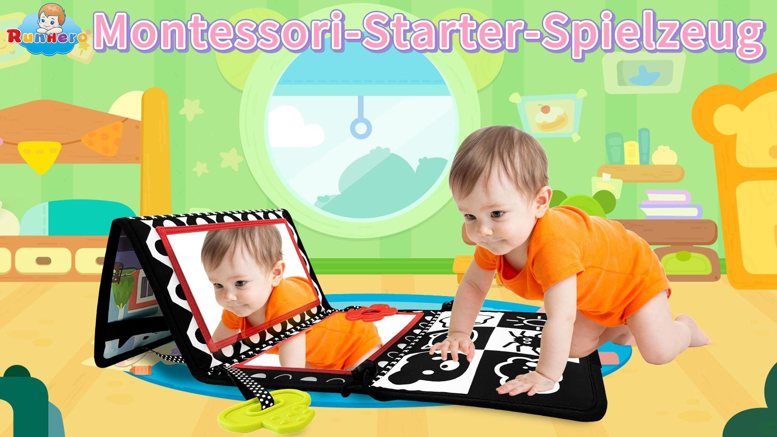 Jouet D'éveil Pliable Pour Bébé 0-12 Mois - Miroir, Cartes Contrastées, Livre Froissé - Tummy Time, Montessori