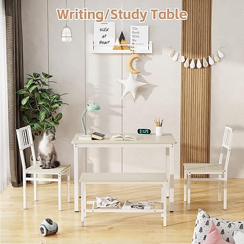 Miniatura 5 de Teraves Juego de mesa de comedor/escritorio de computadora, mesa de cocina con 2 sillas y un banco, juego de mesa y sillas de 4 piezas para comedor