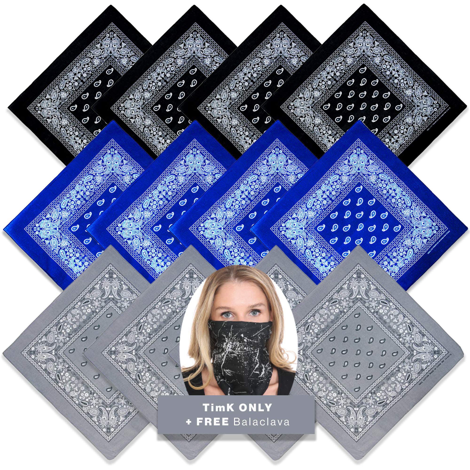 Basico Cotton Cowboy Paisley Bandanas One Dozen 12pk (12pk Assort- Black/Blue/Grey, 22