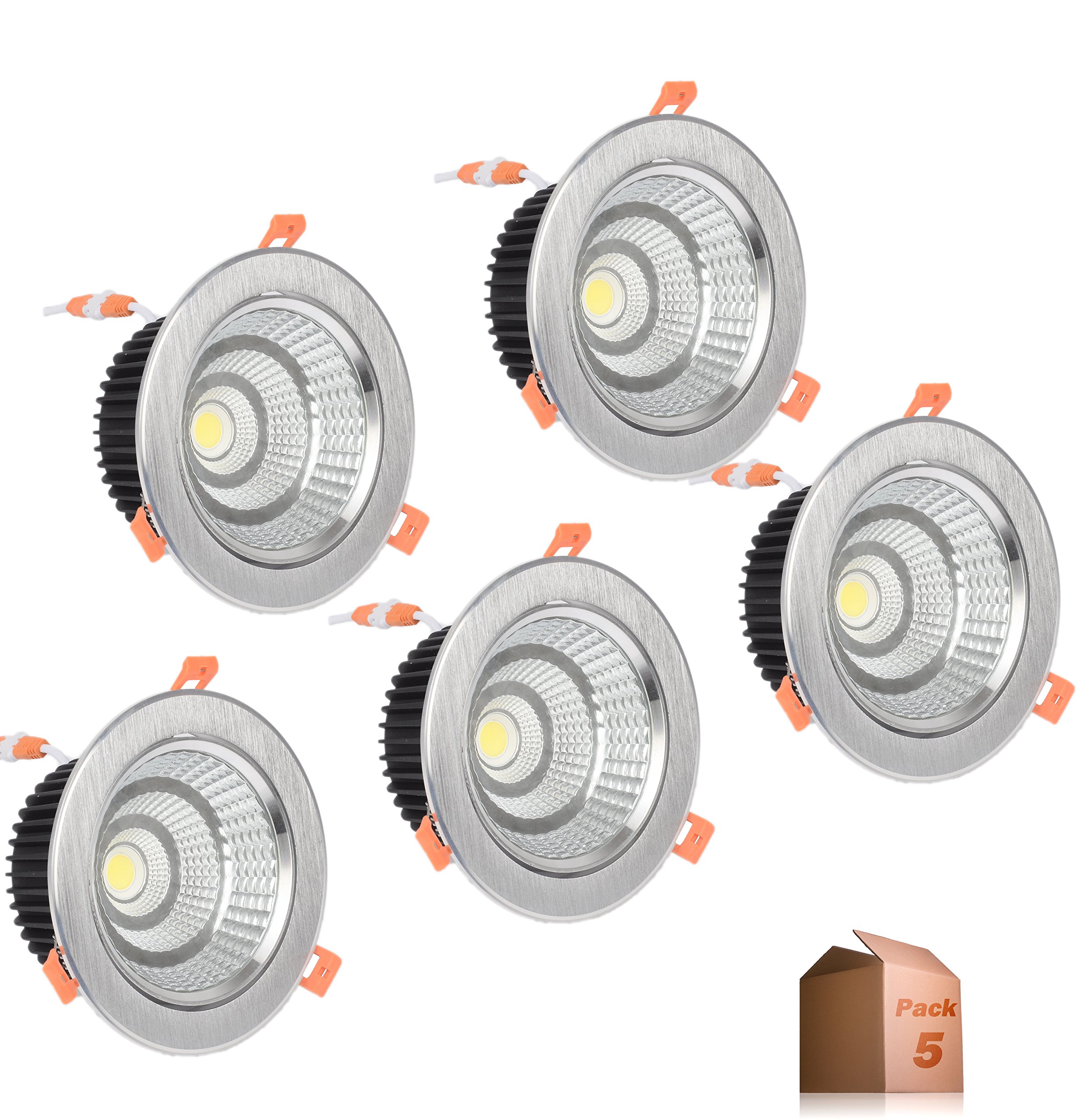 ONSSI® Foco Downlight LED para Techo 20W 2000lm,(Pack 5) Redondo Ø138mm Marco Plateado Empotrado (Blanco Neutro,4000K)