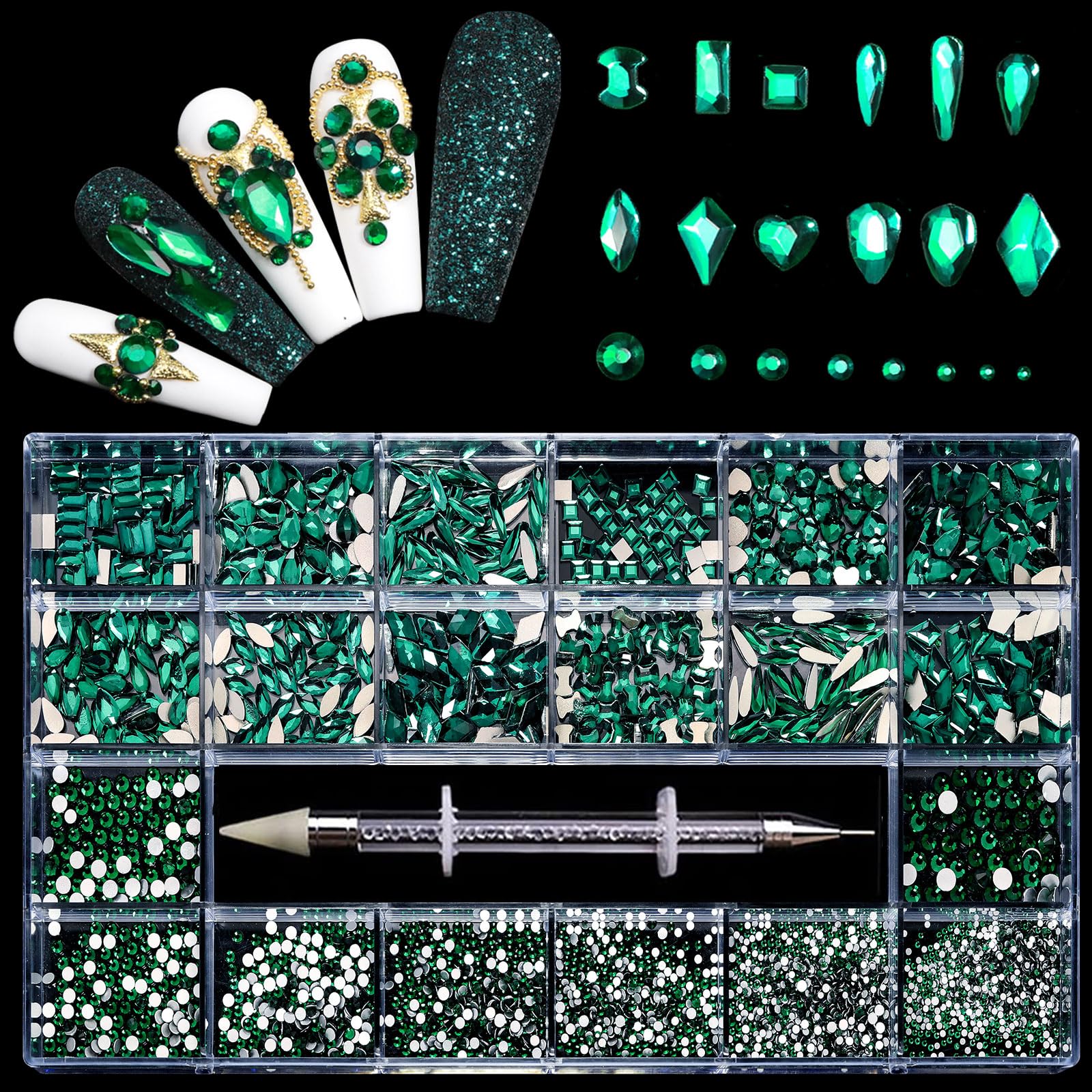 12 Types of Green 600 Diamonds + 2500 Flat Rhinestones Mix 20 Styles Flatback DIY Crafts Rhinestone Crystals 3D Decorations Flat Back Stones Set + Rhinestone Picker Wax Pen
