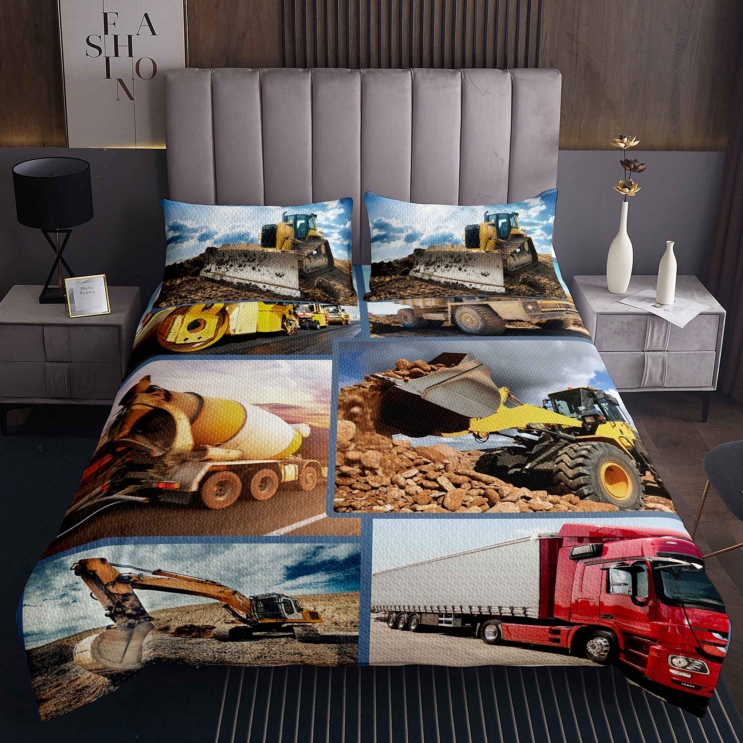 Juego de Ropa de excavadoras para vehículos de construcción Impresos,Colcha,Acolchada para maquinaria Pesada,para niños,Adultos,Sitio de construcción Acolchado,Ultra Suave,King