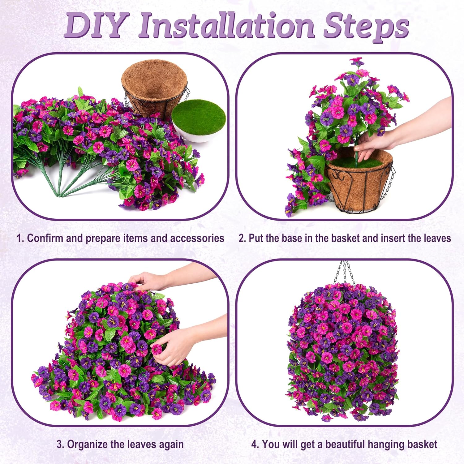 Artificial Fake Hanging Flowers Basket for Spring Decor, Faux Silk Flower in Planter for Summer, Outdoor Artificial Floral for Home Porch Yard(Purple-red Deep Purple)