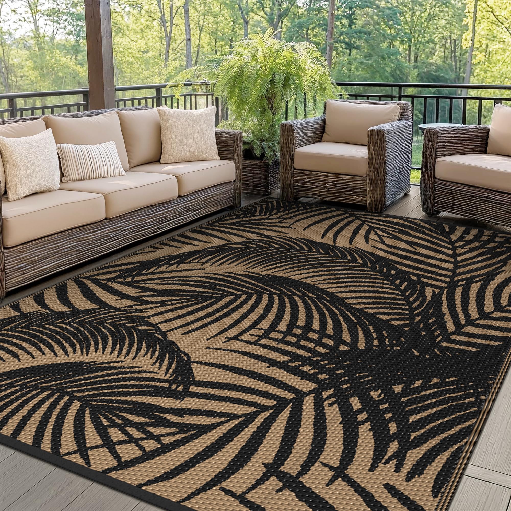 GENIMO Outdoor Rug 180X270CM, Large Botanical Leaf Waterproof Reversible Garden Rug, Washable Patio Carpet, Recycled Plastic, Modern Outside Mat for Out Door, Backyard, Black and Brown