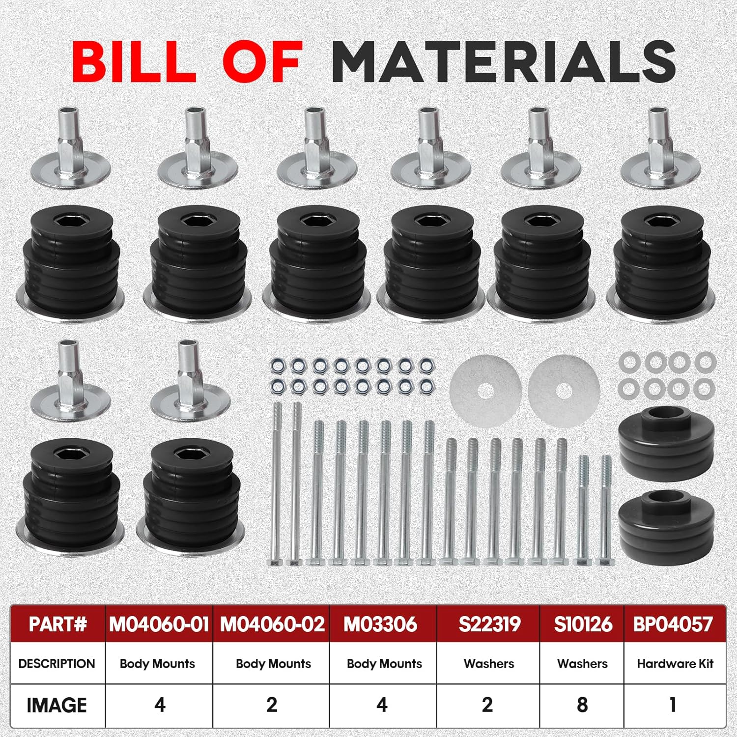 KF04058BK Body Mount Bushing Kit for Ford F250 F350 Super Duty 1999-2007 2WD 4WD Polyurethane Body Cab Mounts & Steel Sleeves & Hardware - Black