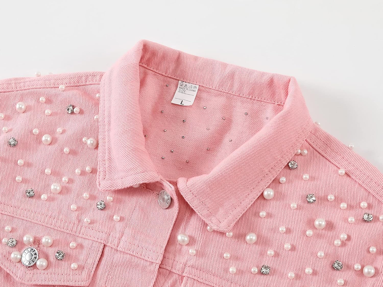 LifeShe Women's Pearls Denim Jacket Cropped Rhinestones Jean Jacket Coat - Image 2