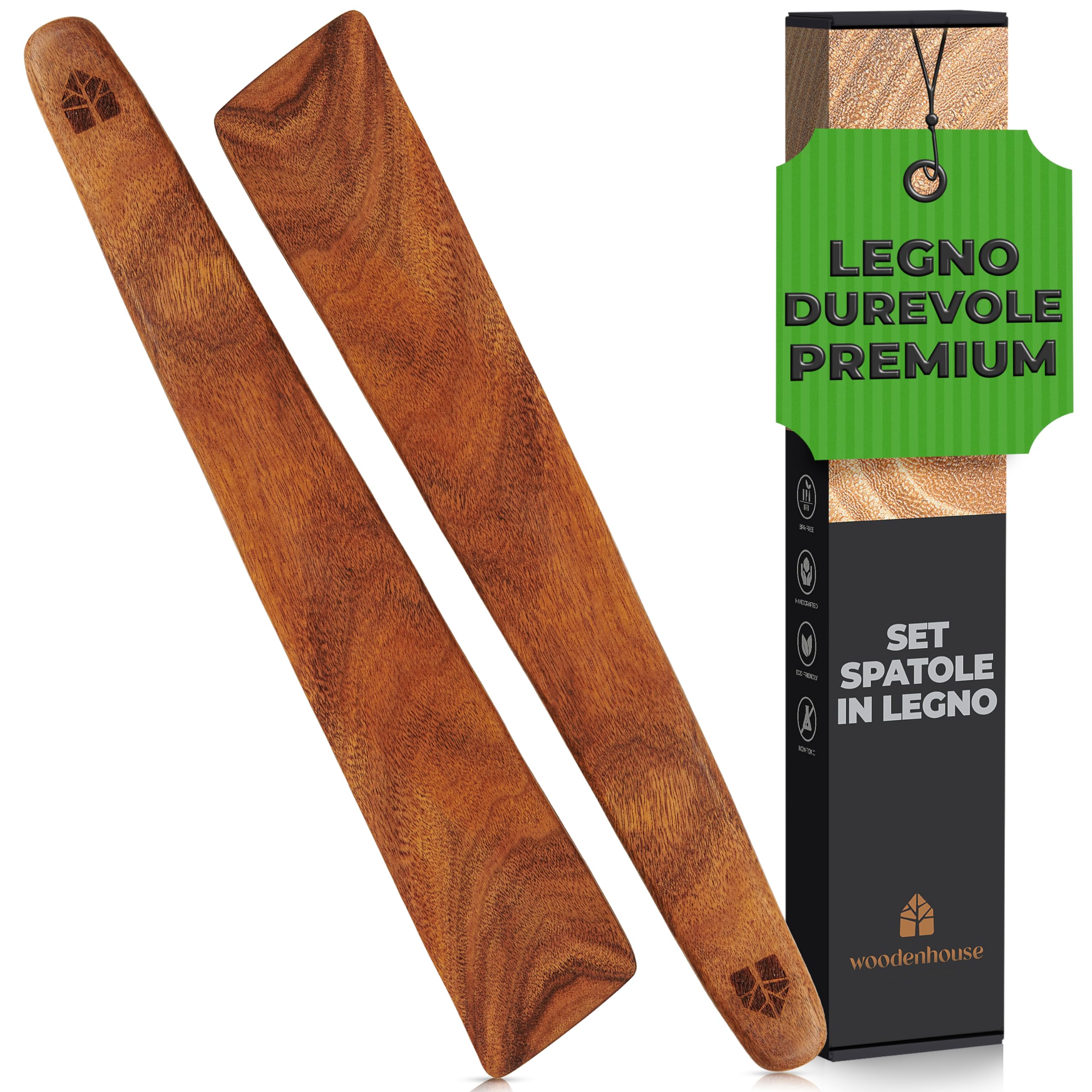 Set Utensili Cucina Legno, Spatole da Cucina, Attrezzi Multiuso per Girare, Spalmare e Raschiare Alimenti, Antigraffio, Ideali per Ghisa, 2 pezzi