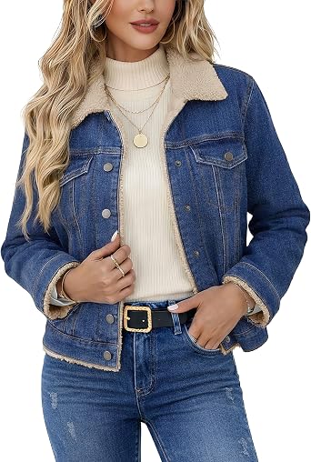 YUCOLEN Womens Denim Jacket Sherpa Lined Fleece Jean Coat Fur Collared Warm Button Down Trucker Jackets with Pockets