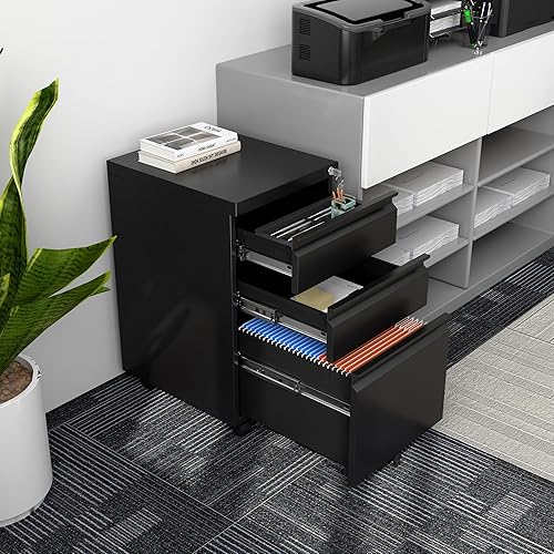 Miniatura 2 de Archivador móvil con 3 cajones, archivador rodante con cerradura, archivador debajo del escritorio con cajón tamaño legalcarta, totalmente montado