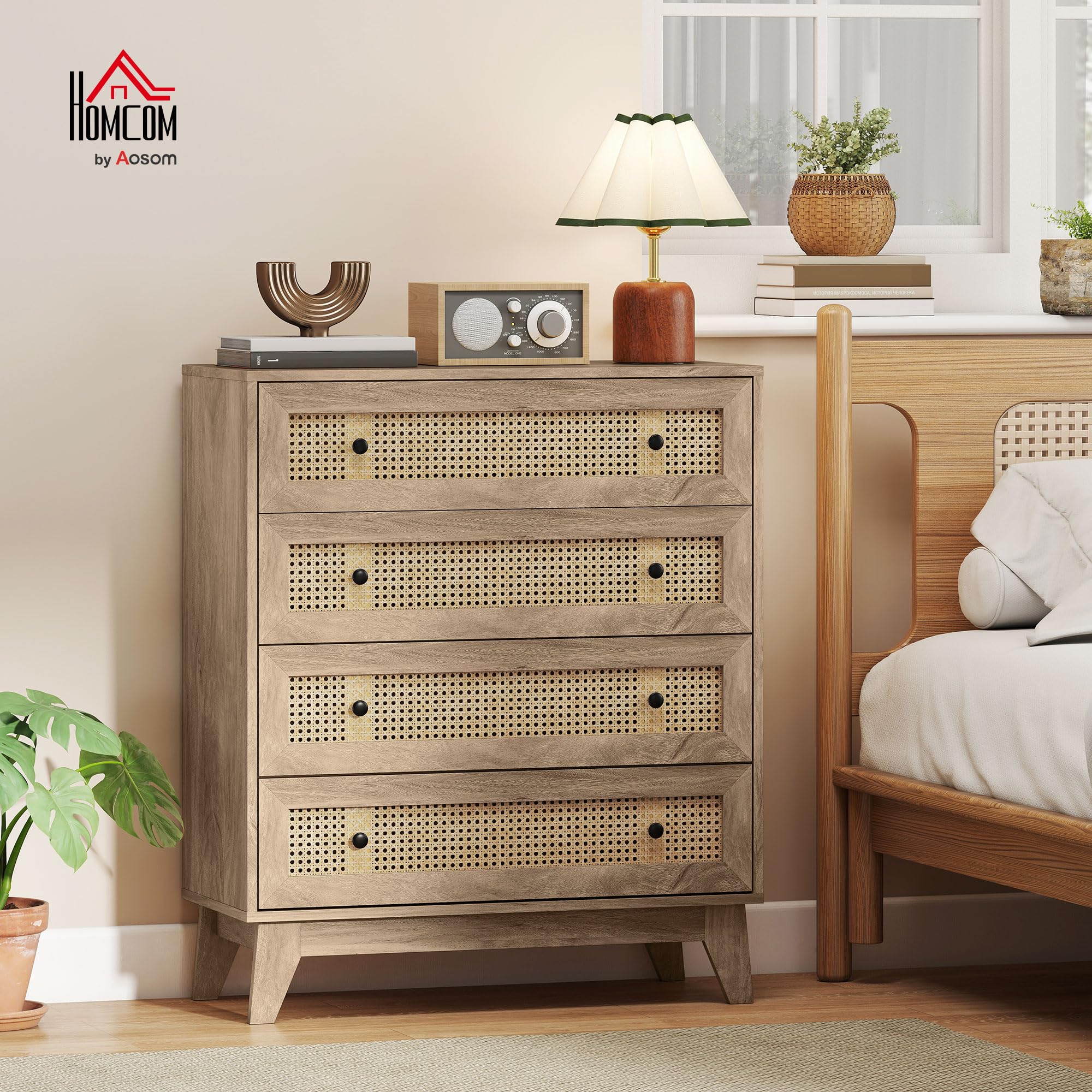 HOMCOM Commode 4 Tiroirs 80 x 35 x 95 cm Aspect Bois Clair | Meuble de Rangement avec Cannage en Rotin