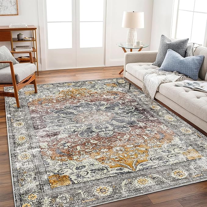 Area Rug 6x9 Washable Rug Brown Grey Vintage Rug Traditional Distressed Thin Rug Retro Kitchen Indoor Floor Cover Non Slip Carpet Floral Print Mat Living Room Bedroom Dining Room