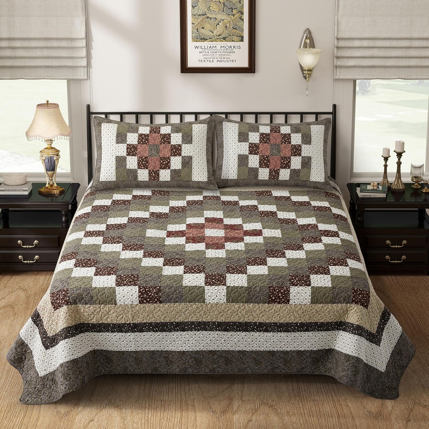 California King Quilt Set 100% Cotton Quilted bedspreads and Pillow Shams - Reversible Green/red Irish Chain Farmhouse Quilt for King Size Bed - Image 7