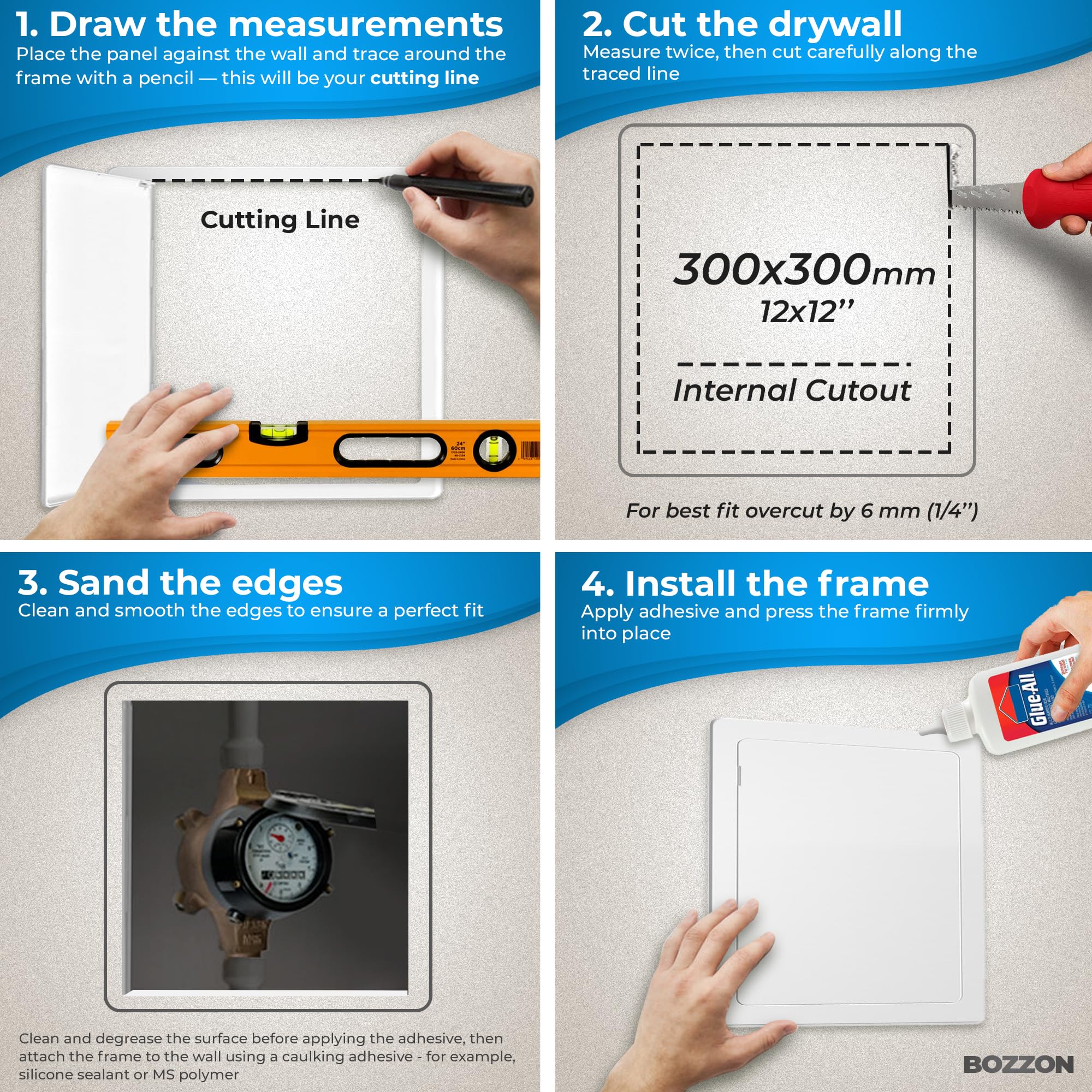 Plastic Access Panel 300x300 mm – Paintable Inspection Hatch for Wall & Ceiling – Fuse Box Cover, Conceals Wires & Pipes – Flush Fit Easy-Install Access Door – Durable White Plastic - 4
