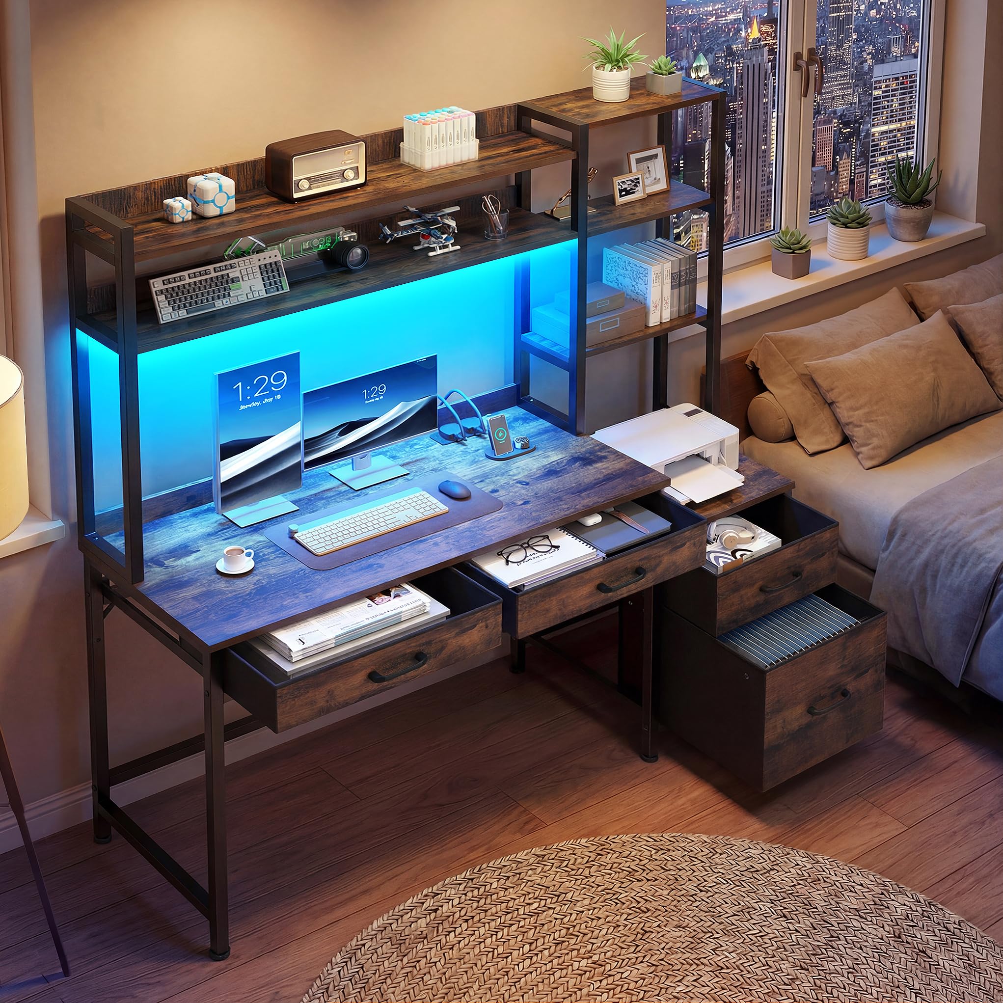 YITAHOME Computer Schreibtisch mit Schubladen, 150W x 50D x 150H cm Eckschreibtisch Für Home Office, Computer Tisch Aufbewahrungen & Regale, Gaming Schreibtisch mit LED Licht & Steckdosen, Braun