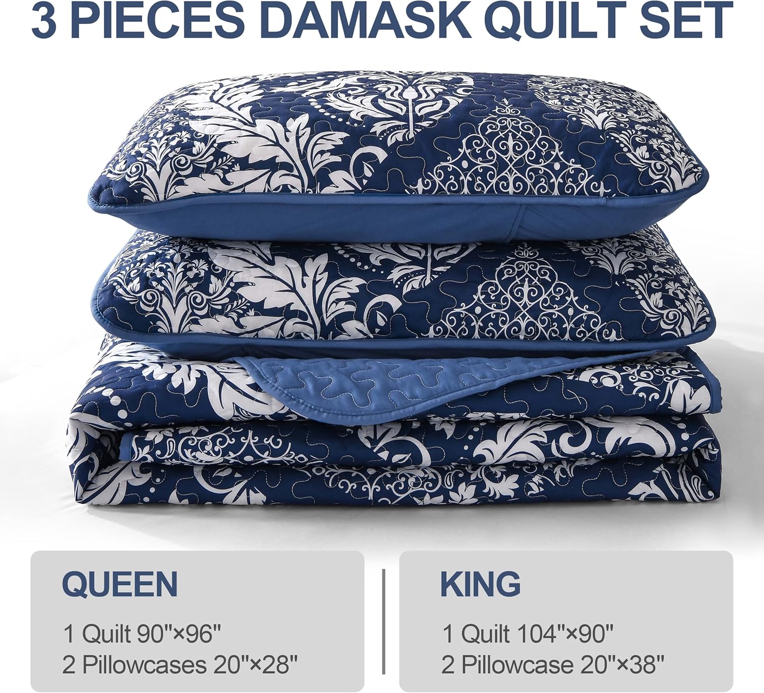 Navy Quilt Set Queen Size, Boho Damask Bedspread Coverlet Set Soft Lightweight Luxury Classical Bedding Set 3 Pieces for All Season (96"x90") - Image 6