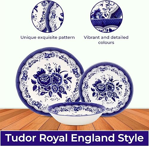 Miniatura 3 de TUDOR ROYAL - Juego de vajilla redonda de porcelana de 12 piezas, servicio para 4, diseño azul VICTORIA, floral azul, platos, cuencos, vajilla de