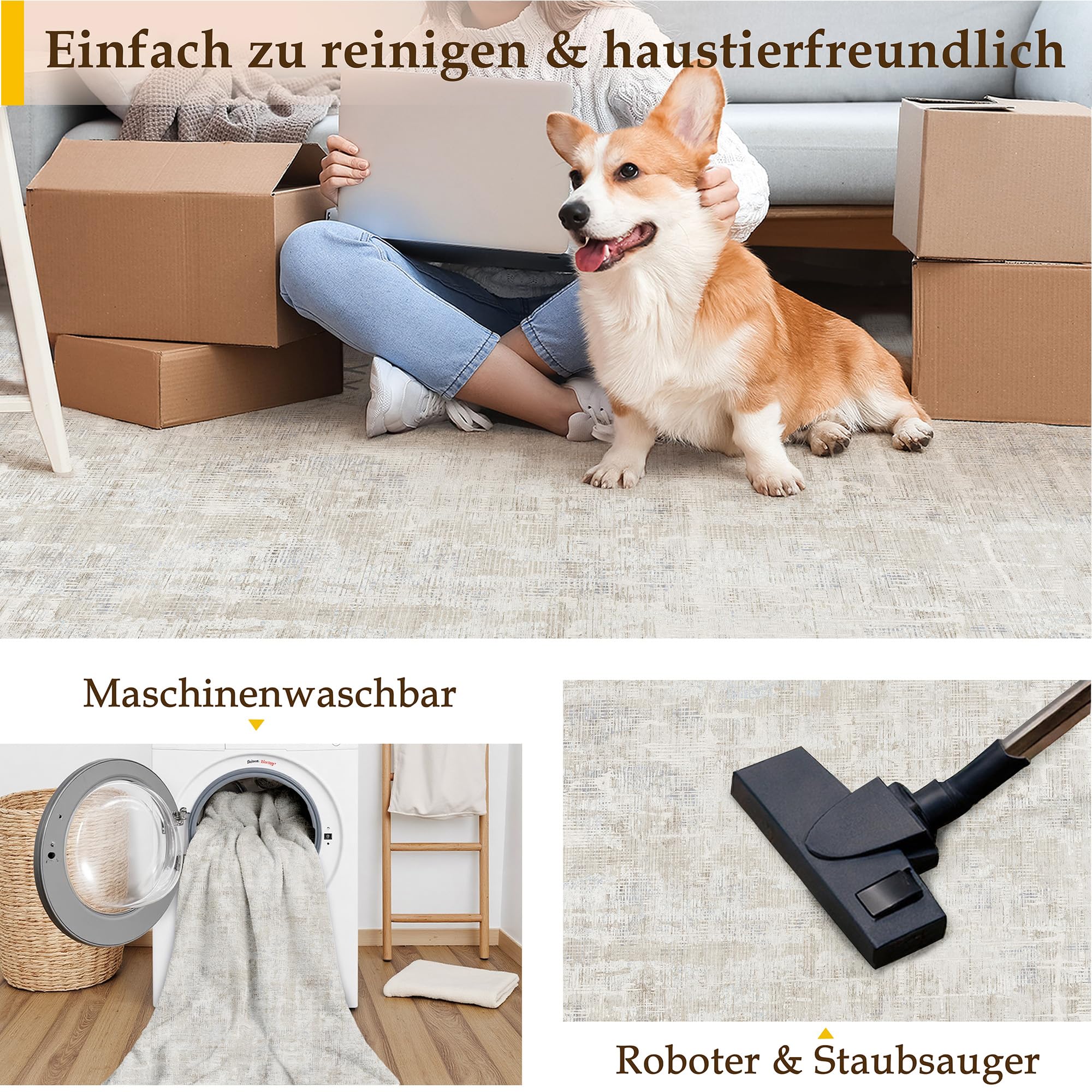PureCozy Beige Grau Teppich Wohnzimmer 200x300cm Waschbar Kurzflor | Waschbar Boho Teppich,Rutschfest, Weich, Kurzflorig, für Wohnzimmerteppich,Schlafzimmer,Esszimmer,Büro,Kinderzimmer