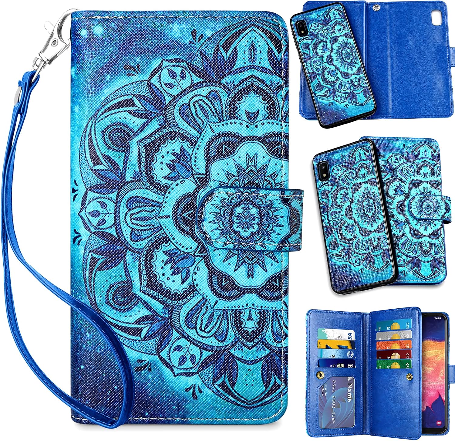Vofolen for Galaxy A10e Case Credit Card Holder Wallet ID Slot 2-in-1 Detachable Strap Hybrid Protective Slim Hard Shell Magnetic PU Leather Folio Pocket Flip Cover for Galaxy A10e Mandala Dreamy Blue