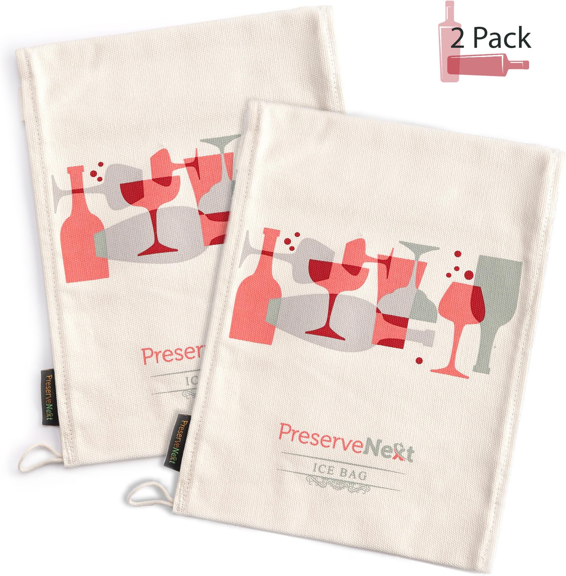 PreserveNext Professional Grade (9.0" x 14.5”) Reusable Lewis Canvas Ice Bag / Ice Crusher - Retro Style for Mixologists - Flutes & Wine Bottle Print – Large (2 Pack)