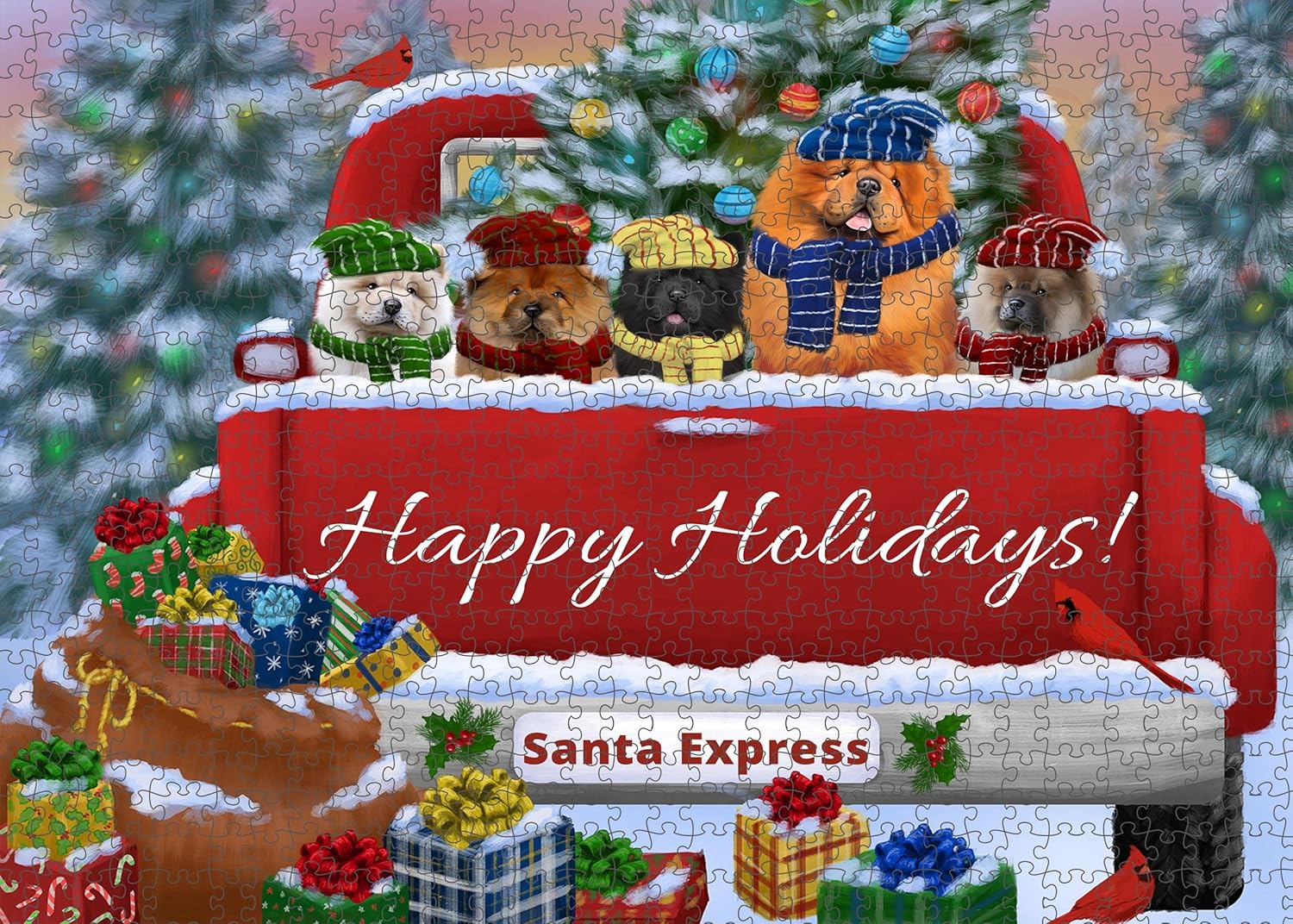 Christmas Red Truck Travlin Home for The Holidays Chow Chow Dogs Jigsaw Puzzle for Adults - Animal Printed Interlocking Puzzle Gift for Dog Lover's - 1000 Pcs 29.5"x19.7"