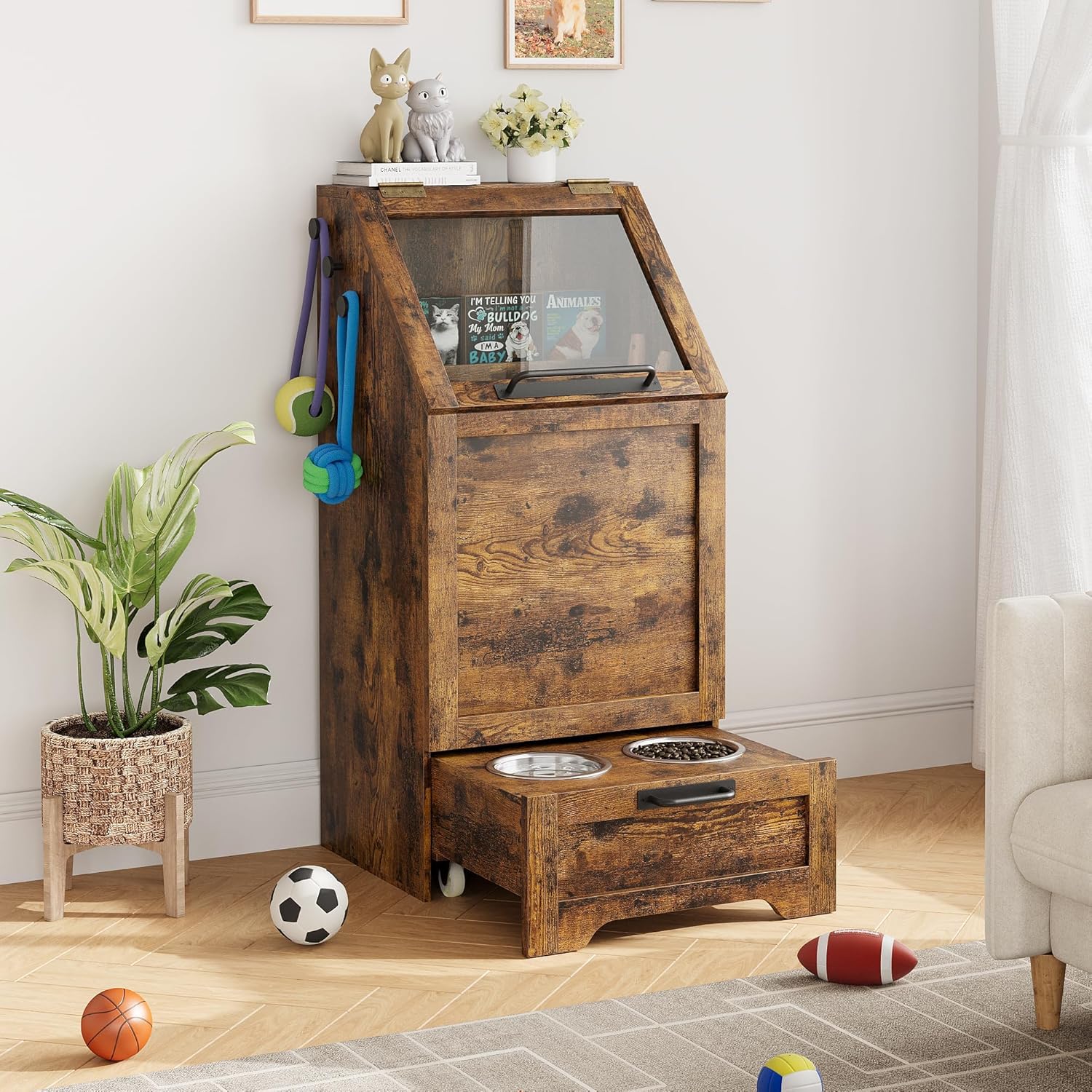 Dog Feeding Station, with Pet Feeding Station,Flip Top Dog Food Storage Cabinet, 2 Elevated Bowls, Includes 3 Hooks for Accessories – Space-Saving Design, Brown