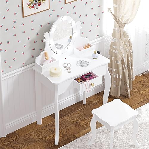 Miniatura 7 de Spirich Vanidad para niños, juego de tocador para niñas con espejo, taburete y luces, juego de mesa y silla de tocador para niños, mesa de tocador