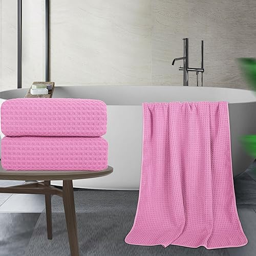 Miniatura 4 de POLYTE Toalla de baño de microfibra de secado rápido sin pelusas, 60 x 30 pulgadas, juego de 2 (rosa, tejido de gofre)