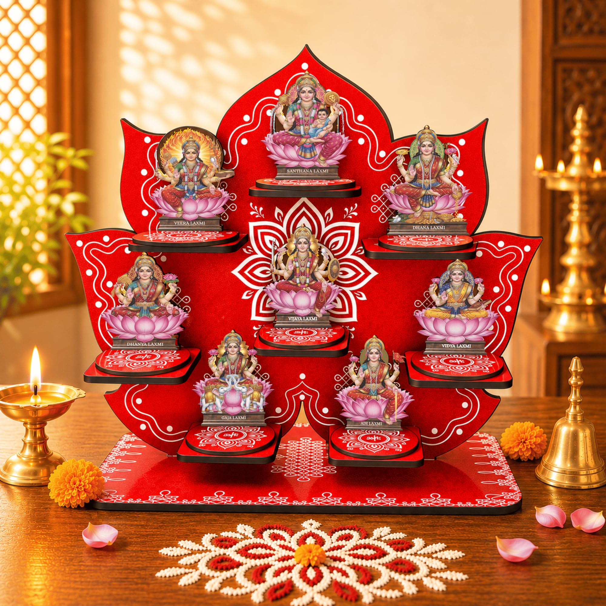 Ashtalakshmi MDF Idol Set with Detachable Display Stand | 8 Lakshmi Idols with Separate Bases | Pooja Mandir Decor for Varalakshmi Vratam, Diwali and Housewarming(Red)-picture-36
