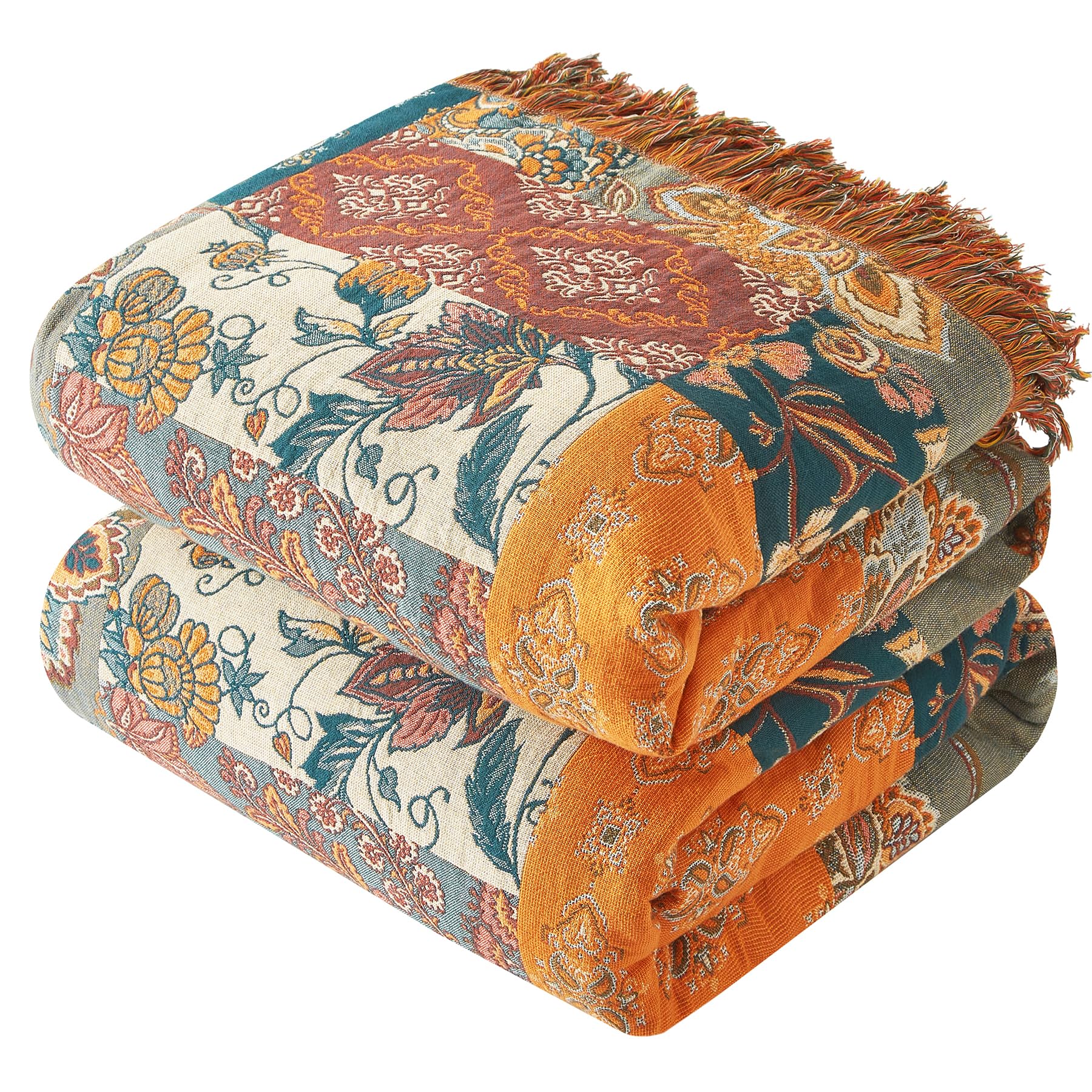 Photo 1 of Bailix Boho Throw Blanket for Couch Sofa Bed, 100% Cotton Woven Quilt with Tassel 80”x90”, Super Soft Muslin Blanket with Floral Printed, Decorative Reversible Bed Blanket/Cover for All Seasons