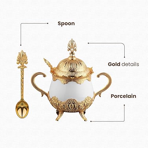 Miniatura 4 de LaModaHome Azucarero con tapa y cuchara para el hogar, cocina y fiesta de boda, delicia y porción de chocolate, cuenco decorativo - doradoblanco